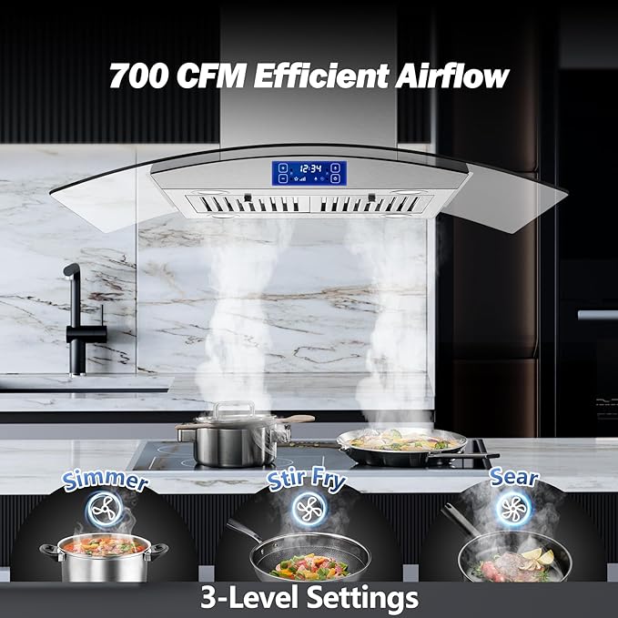 Island Range Hood 36 inch 700 CFM Ceiling Mount Kitchen Stove Hood Ducted with Tempered Glass 4 LED Lights Touch Control 3 Speed Fan Permanent Filters