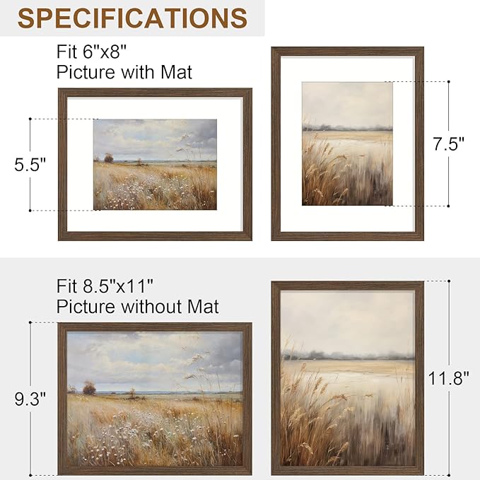 Vittanly 8.5x11 Picture Frame Set of 2, Solid Wood Frame for Wall or Tabletop, Display Photo 6x8 with Mat or 8.5x11 without Mat, Brown