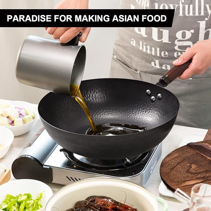 12.8" Carbon Steel Wok-11Pcs Woks & Stir Fry Pans Wok Pan with Lid, No Chemical Coated Chinese Woks with 10 Cookware Accessories, Flat Bottom Wok for Electric, Induction,Gas Stoves