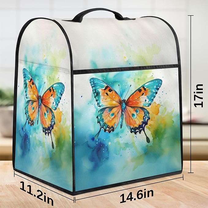 Kitchen Aid Mixer Cover Watercolor Butterfly Animal Stand Mixer Cover Compatible with 6-8 Quarts Stand Mixers, Dust Covers with Zipper Pocket Foldable Washable Kitchen Aid Organizer Bag