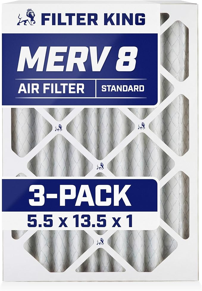 Filter King 5.5x13.5x1 Air Filter | 3-PACK | MERV 8 HVAC Pleated A/C Furnace Filters | MADE IN USA | Actual Size: 5.5 x 13.5 x .75"