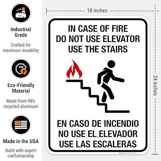 in Case of Fire Do Not Use Elevator Use The Stairs Bilingual Sign, Fire Safety Sign, 18x24 Inches, Rust Free .063 Aluminum, Fade Resistant, Indoor/Outdoor Use, Made in USA