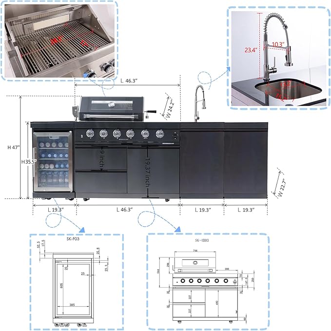 104 Inch Outdoor Kitchen Island, 7200 BTU Gas Grill Combination With Refrigerator and Sink, Outdoor Stainless Steel Barbecue Bar, Natural Gas Barbecue Grill for Patios, Gardens, Parties