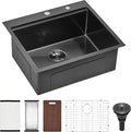 Scamall 25x22x10 Drop In Kitchen Sink Workstation, Nano Black 304 Stainless Steel Deep Single Bowl with Quick Drainage & Tarnish-Free Surface for Bar, Laundry, RV, Includes Accessories
