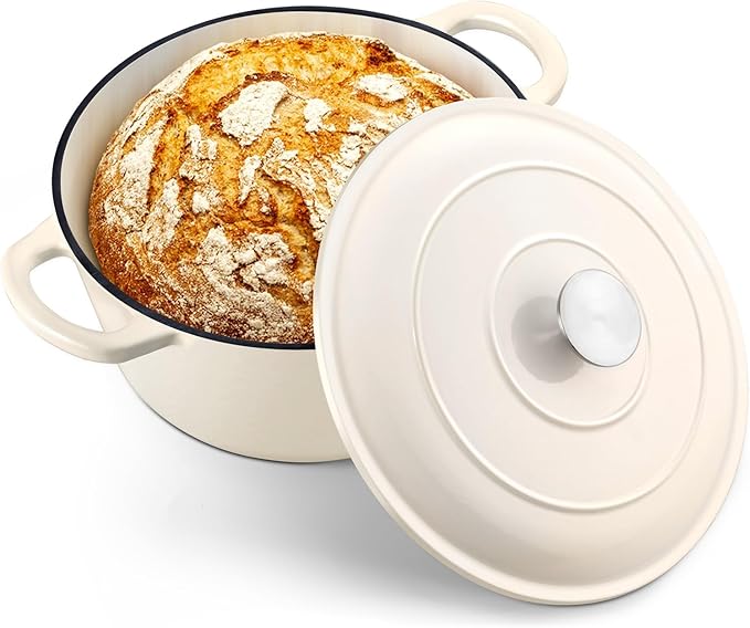 TeamFar 5Qt Dutch Oven, Enameled Cast Iron Dutch Oven with Lid & Dual Handles for Cooking Baking Braising Simmering, Healthy & Sturdy, Oven & Various Stovetops Safe, Non-stick & Easy Clean - Cream White