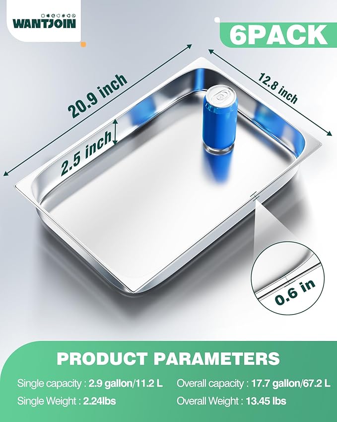 WantJoin Steam Table Hotel Pans 1/1 Full Size 2.5 Inch Deep 6 Pack, Stainless Steel Metal Tray Sets Food Storage Container for Restaurant Chafing Dishes Commercial Buffet Warmer Catering Supplies