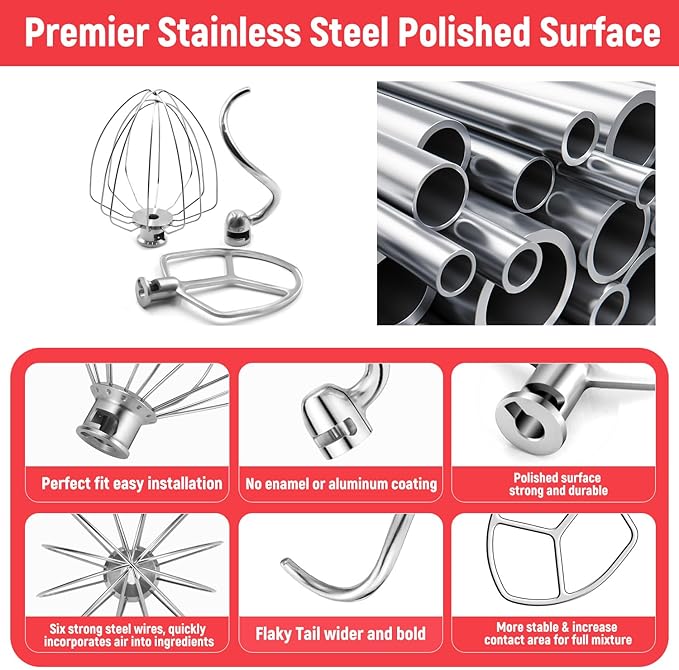 4-Piece Stainless Steel Accessory Set for KitchenAid 5-6 Qt Bowl-Lift Stand Mixers: 6-Wire Whip, Flat Beater & Spiral Dough Hook | Fits KP26, KL26, KB26, KSM55/60 | Heavy-Duty & Dishwasher Safe