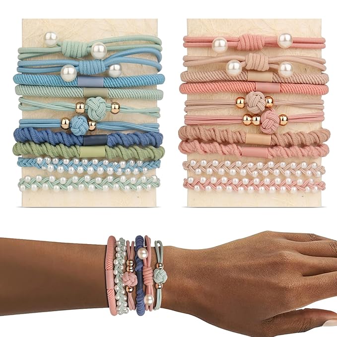 YONOY 20 Pcs Boho Style Pearl-detailed Hair Tie Bracelets for Women, Dual-Use Hair Ties for Thick Hair, Non-damage Elastic, 5 Styles, 4 Colors Each