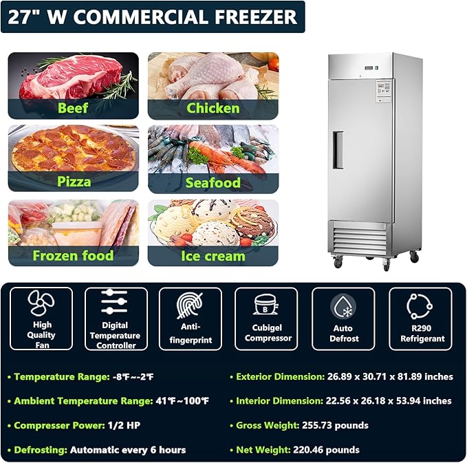 27”W Commercial Freezer Reach-in 18.68 Cu.Ft Single Solid Door, Stainless Steel Interior and Exterior Construction, Commercial Freezer Upright Fan Cooling Freezer for Restuarant, Bar, Shop and etc