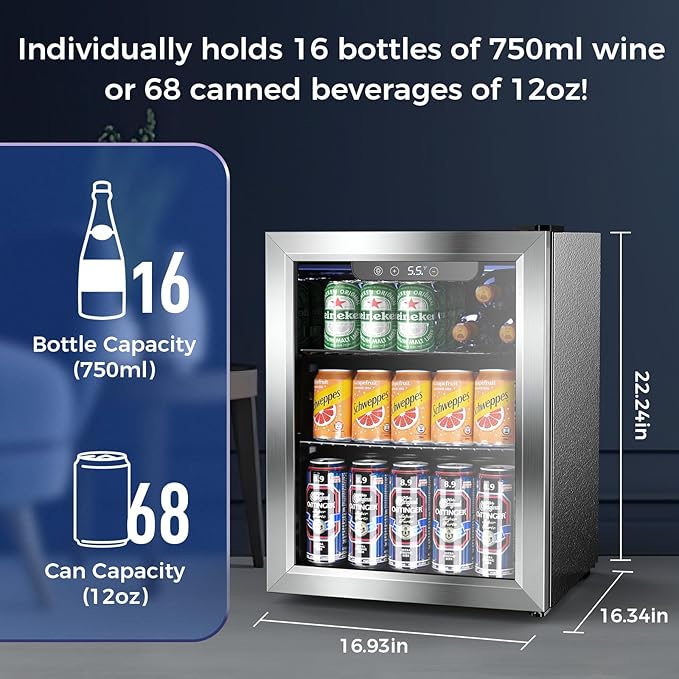 Mini Fridge 68 Can Beverage Refrigerator Cooler, 1.7 Cu.Ft Drink Fridge forSoda Wine Beer, Digital Temperature Control Cooler for Home, Dorm, Bar