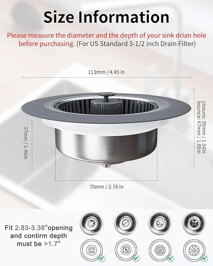 3 in 1 Kitchen Sink Drain Strainer [Premium PP Basket] Anti-Clogging Kitchen Sink Drain Stopper Stainless Steel Efficiently Drainage Odor Filter Sink Plug for Us Standard 3-1/2 Inch