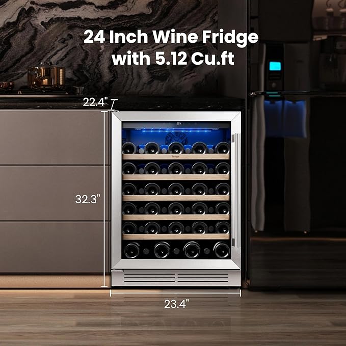 Yeego 24 Inch Wine Fridge Cooler - 52 Bottles Wine Cooler with Glass Door, 40-65℉ Built-In or Freestanding Refrigerator, Under Counter Wine Fridge for Kitchen Bar Office (Left-Hinged)