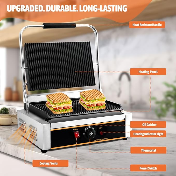 Commercial Panini Press Grill 2200W Countertop Electric Sandwich Maker with Adjustable Temp Control, Nonstick Coating, Grooved Plates Grill, for Burgers Steaks Panini