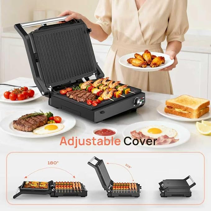 Electric Indoor Grill, 14'' Panini Press Grill, 1600W Electric Grill for Steak, Burger, Sandwich, 450℉ Dual Cooking Plates, 180° Flat Griddle, Removable Non-stick Grill & Drip Tray, Dishwasher Safe