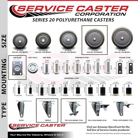 Service Caster Brand Replacement Caster for Uline Caster H-7449SWB-Stainless Steel Swivel Top Plate Caster with 5 Inch Yellow Polyurethane Wheel and Top Lock Brake-Fit Carts and Platform Trucks H-6348