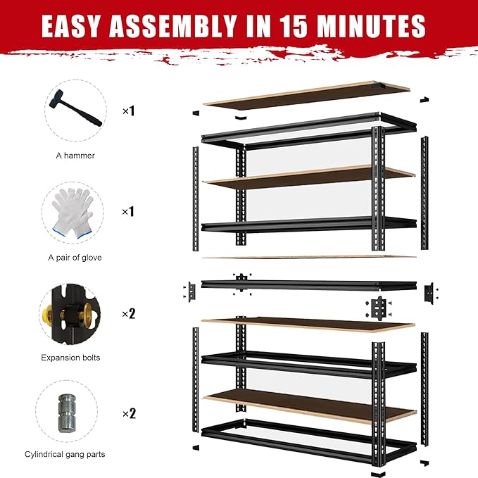 5-Tier Garage Storage Shelves, Heavy Duty Adjustable Shelving Unit, 60"H Garage Rack with 2400lbs Capacity, Metal Utility Shelves for Warehouse, Basement, Pantry, Tool Room, Home Organization