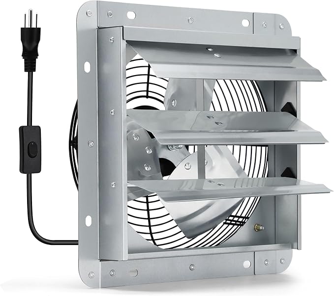 7 Inch Shutter Exhaust Fan, Wall Mount Attic Fan with Power Cord for Greenhouses, Sheds, Garages, Chicken Coops, Barns Ventilation, 760 CFM