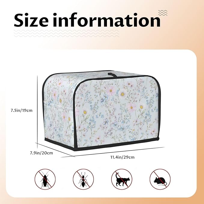 2 Slice Toaster Cover for Kitchen Pastel Wildflower Flower Waterproof and Dustproof Toaster Dust Cover with Side Pockets Decorative Universal Cover for Wide Slot Toasters and Small Appliances