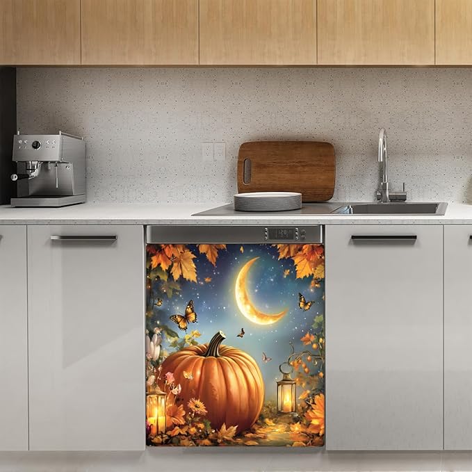 Autumn Pumpkin Maple Leaves Dishwasher Magnet Cover for The Front Dishwasher Door Cover Panel Decals Magnetic Refrigerator Cover for Kitchen Farmhouse Home Decor 23 X 26 in