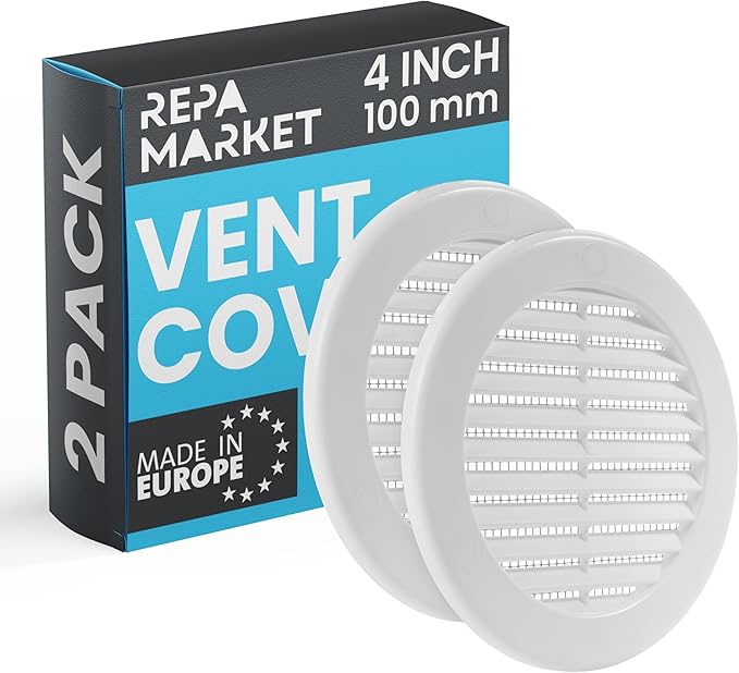 Repa Market 4 Inch (Opening) White Round Air Vent Cover - Pack of 2 Plastic Fresh Air Intake Vent - AC Cover with Nylon Mesh Screen - Wall, Ceiling HVAC Return Air Register - Modern Soffit Vents