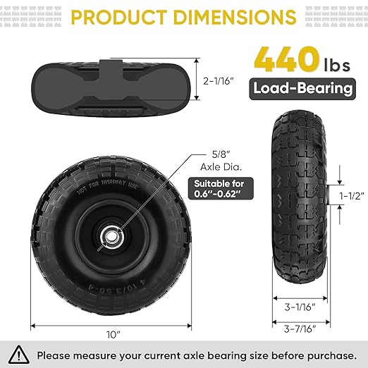 TICONN 10" Solid Tires, 2 Pack Flat Free 4.10/3.50-4'' Wheels with 5/8” Axle Bore Hole and Double Sealed Bearings (Black, 2PK)