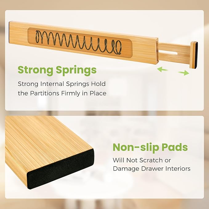 Drawer Divider, Adjustable Bamboo Kitchen Drawer Organizer, Spring Loaded Drawer Organizer, Dresser Separators for Kitchen, Bathroom, Clothes, Office Desk Storage (Natural, 4 Pack Large)