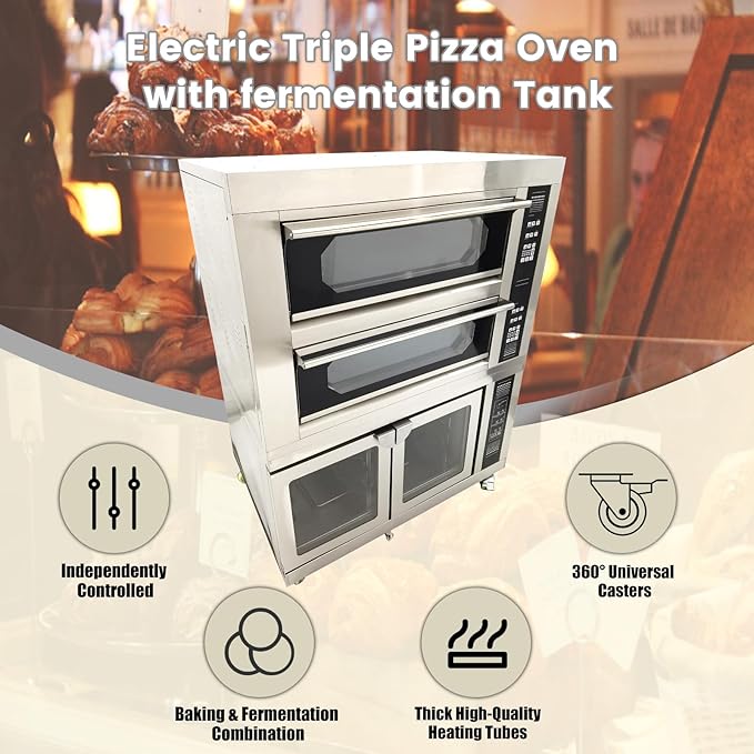Electric Pizza Oven up to 400℃(752℉) Commercial Portable Indoor Pizza Triple Oven with Fermentation Tank Fits 4 Baking Sheets and 8 Fermentation Sheets AC220V/13.2kW