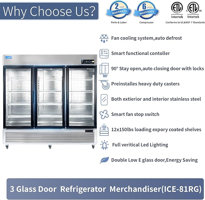 ICECASA 82" W Commercial Display Refrigerator 3 Glass Door Merchandiser Reach-in 72 Cu.ft Stainless Steel Display Refrigerator Fan Cooling for Restuarant, Bar, Shop, etc