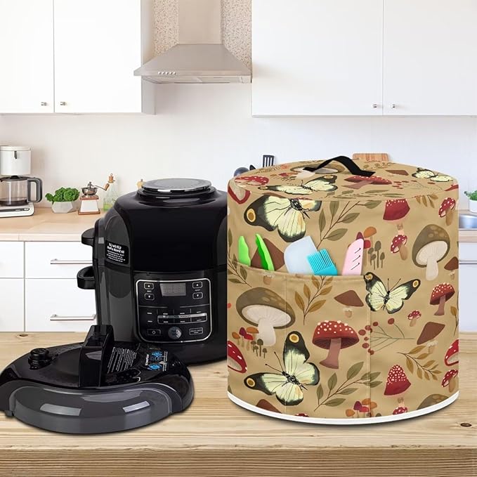 Flashideas Mushroom Butterfly Pressure Cooker Cover for Women Insulated Rice Cooker Cover with Easy to Clean Lining Stain Resistant Dust Cover with Pockets for Instant Pot 6 Quart Appliance Cover
