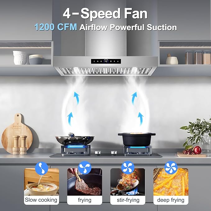30 inch Range Hood Wall Mount, 1200 CFM with 4-Speed Gesture Sensing & Touch Control, Stainless Steel Ducted Kitchen Stove Vent Hoods with 2 LED Lights, Time Setting, Dishwasher-Safe Baffle Filters
