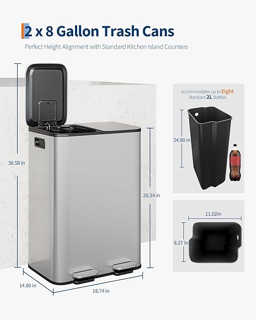 TrailBlaze 2 x 8 Gal (2 x 15 L) Kitchen Trash Can, Stainless Steel Dual Compartment Garbage Can with Soft-Close Lid, Recycling Bin, Step Waste Sorting Bin for Home, Office - Silver