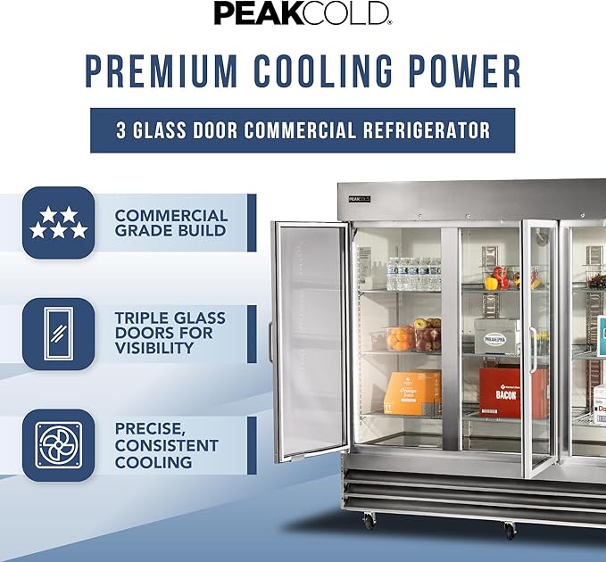 PEAKCOLD 3 Glass Door Commercial Refrigerator - 72 Cubic Ft, 81" Wide Stainless Steel Reach-In Commercial Refrigerator with White Internal Lighting - Freestanding Industrial Fridge