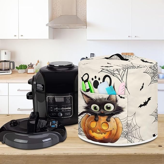 Kitchen Appliance Dust Cover for Portable Air Fryer Round Protective Bag with Top Handle and Storage Pocket 3 Quart Pressure Cooker Cover Halloween Cute Black Cat