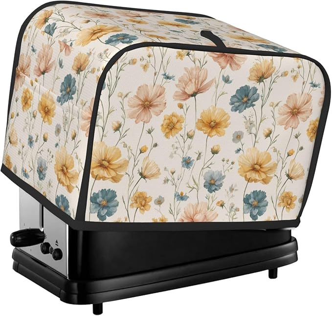 2 Slice Toaster Cover for Kitchen Vintage Flower Print Botanical Waterproof and Dustproof Toaster Dust Cover with Side Pockets Decorative Universal Cover for Wide Slot Toasters and Small Appliances