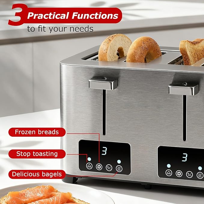 Toaster 4 Slice, Techwood Stainless Steel 4-Slice Toaster Wide Solt with LED Display & 6 Shade Settings, Perfect for Bagels, Waffles and More, Cancel/Defrost Functions & Removable Crumb Trays, 1500W