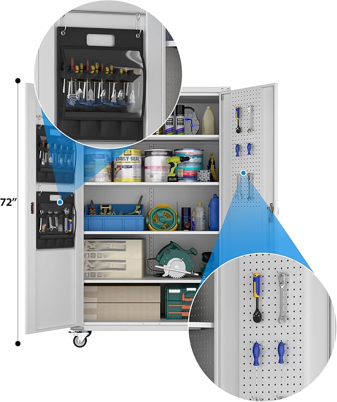 Aobabo Upgraded Wide & Deep Garage Storage Cabinet with Wheels, Metal Storage Cabinet with Door Pegboards and 2 Rod for Garage Home Storage (White, 43.3''W x 21.9''D x 72''H),Required Assembly