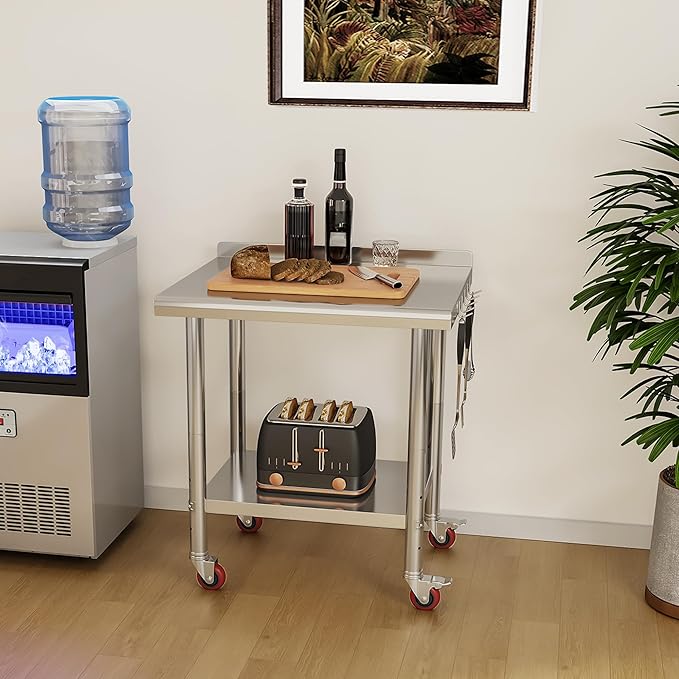 YITAHOME 30" x 24" Stainless Steel Table with Wheels for Prep & Work with Backsplash, NSF Metal Table Prep Table with Undershelf for Home Kitchen Restaurant Garage Warehouse