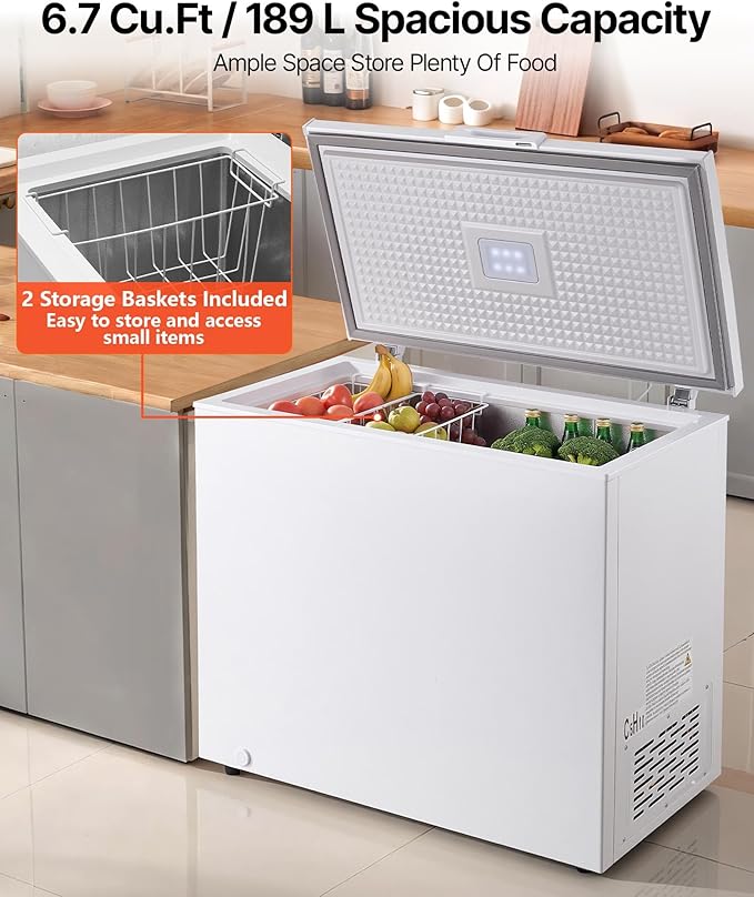 VEVOR Chest Freezer, 6.7 Cu.ft Compact Deep Freezer, Free Standing Top Open Door Chest Freezers with 2 Removable Baskets & Adjustable Thermostat - Energy Saving, Low Noise & Garage Ready, White