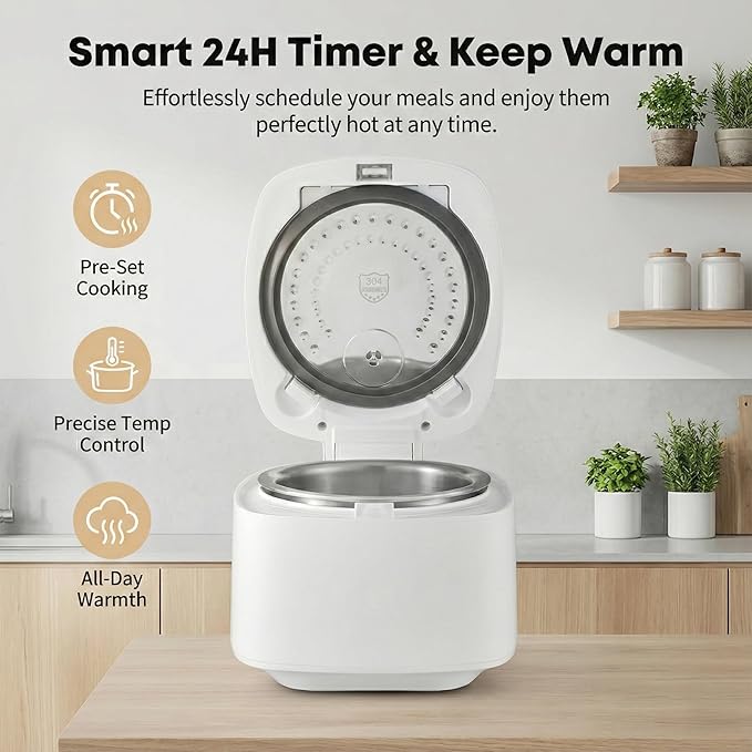 OCTAVO Low Carb Rice Cooker, 5-Cup Uncooked Stainless Steel Inner Pot, Low Sugar Rice Maker with 24H Timer and Auto Keep Warm, Small Rice Maker LED Display, White Rice/Brown Rice/Grains/Oatmeal