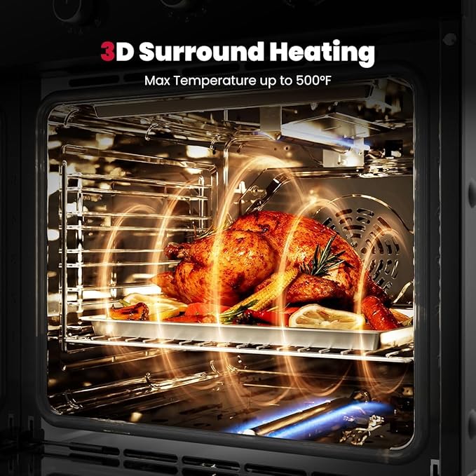 GASLAND 24 in Gas Wall Oven, ETL Certified Built-in Single Wall Oven, Natural Gas Wall Oven with Bake Broil Rotisserie Functions, Timer and Convection Fan, 120V Cord Plug, Black
