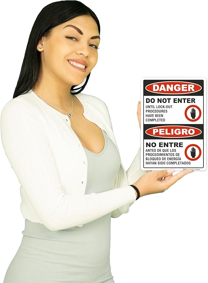 Brimar - 7 x 10" - Bilingual Danger Do Not Enter Lock Out Sign - 3.5 Mil InfiniStick™ Vinyl Label - Bilingual Design - Bold Text And Symbol