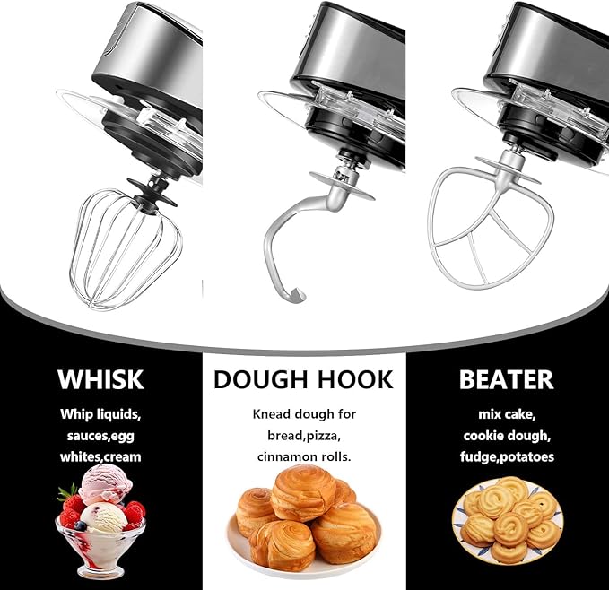 Multifunctional Stand Mixer, 6 in 1 Stand Mixer, 6.3Qt Tilt-head, Standing Mixer with Stainless Steel Bowl, Meat Grinder, Juice Blender, for professional Baking and Most Home Cooks, Black