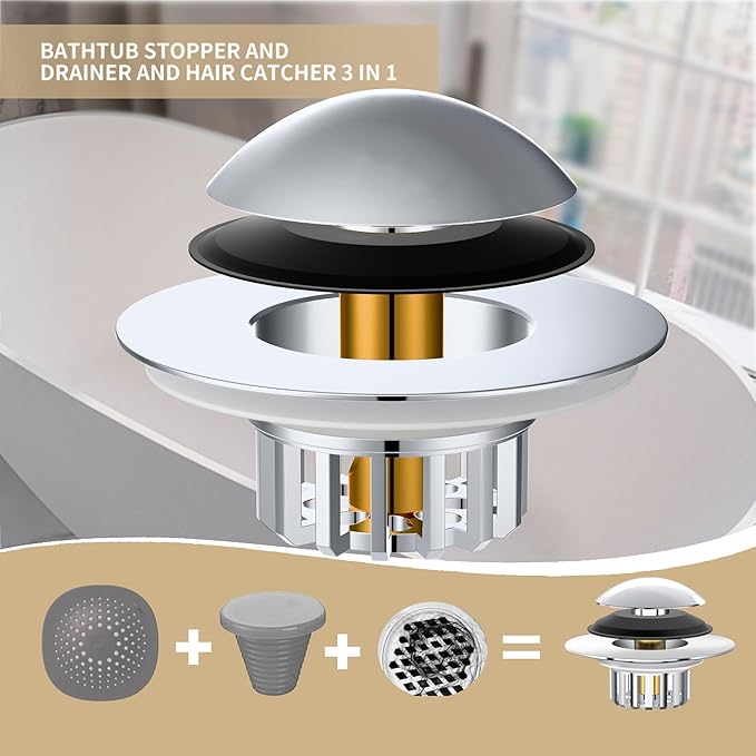 Tub Stopper, Bathtub Drain Stopper, Bathroom Sink Stopper, Pop-up Drain Stopper, Bathroom Drain Plug, Bathtub Drain Stopper, Bathtub Plug for 1-1/2 to 1-3/4" Bath Drain Hole, Easy to Install & Clean