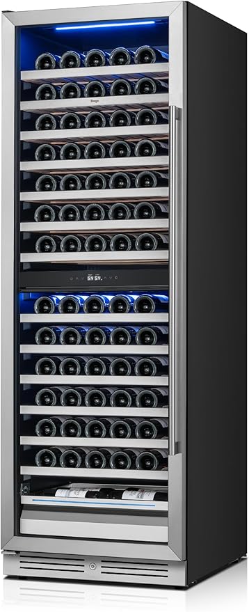 Yeego 24 Inch Wine Fridge Cooler - 154 Bottles Dual Zone Wine Cooler with Glass Door, 40-65℉ Built-In or Freestanding Wine Refrigerator with Lock and 2 Color LED for Kitchen Bar Office (Left-Hinged)