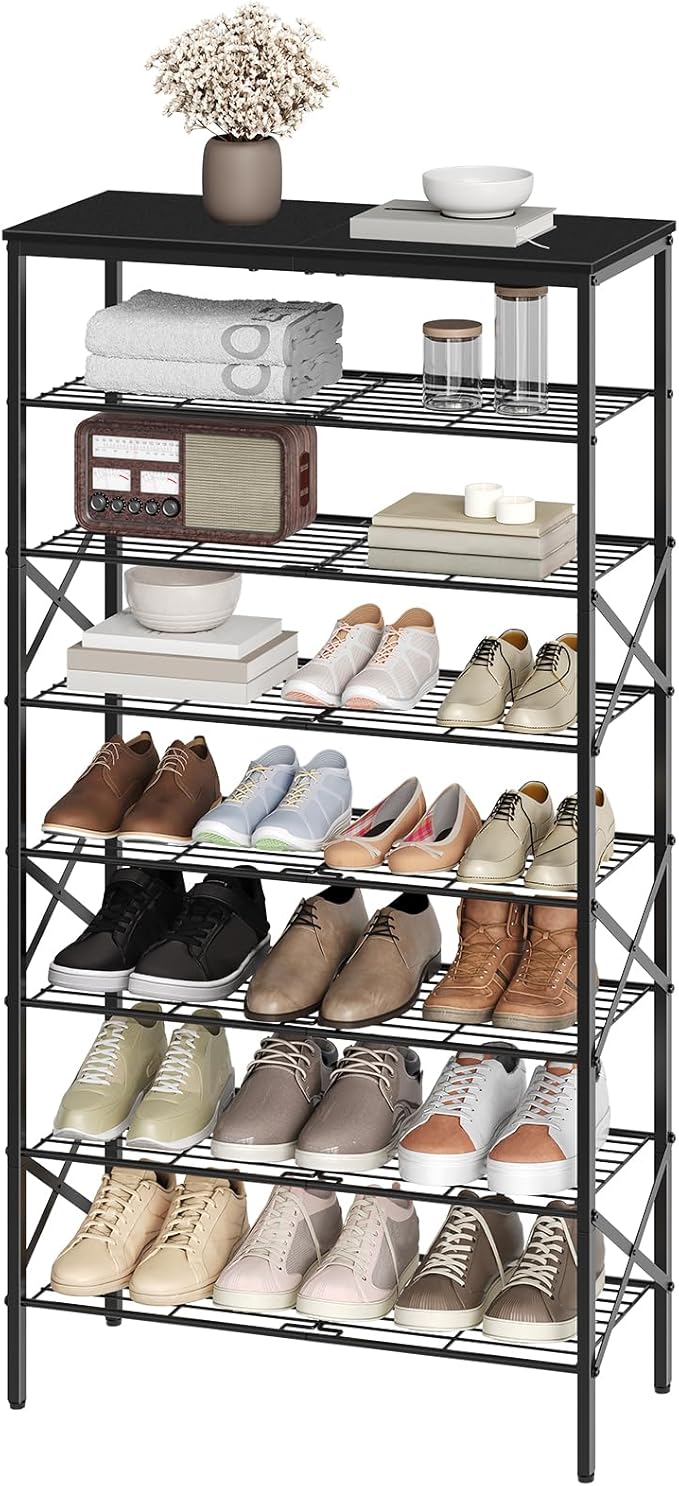 8 Tier Shoe Rack, Large Capacity Shoe Storage Organizer Holds 32 Pairs, Sturdy and Stable, for Entryway, Hallway, Closet, Dorm Room, Black SS08BB