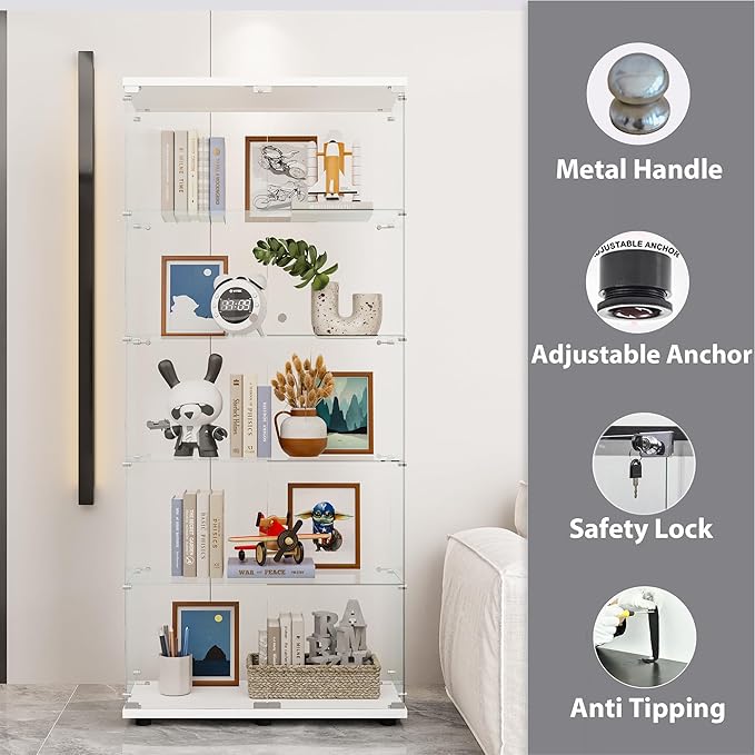74" H 5-Shelf Glass Display Cabinet with Double Door, Modern Curio Cabinet Collection Display Case, Floor Standing Bookshelf Glass Case with Lock for Living Room,Home Office (White)