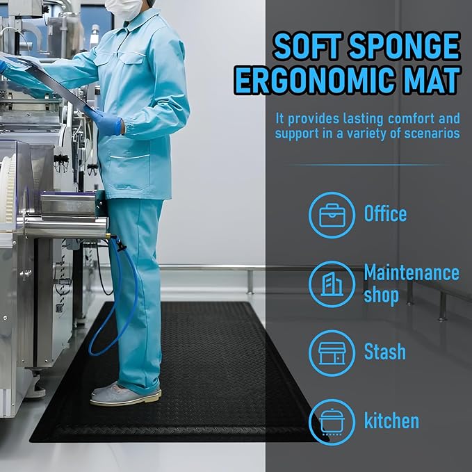 3 x 5 FT Anti Fatigue Mats Industrial 15/16 Inch Thick Soft Sponge Ergonomic Mat Durable Heavy Duty Diamond Plate for Standing Non Slip Industrial Grade Floor Mat for Leg & Back Pain (Black)