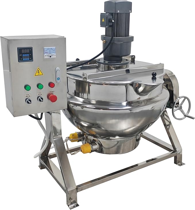 100L Jacketed Kettle 220V 1100W Commercial Electric Automatic Cooking Pot Tilting Jacketed Pot Three Phase with Mixer for Soup Sugar Jam