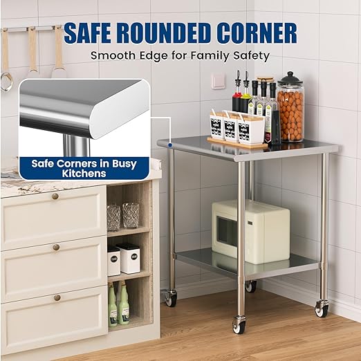 Stainless Steel Work Table with Wheels, 30x30 Inch NSF Kitchen Prep Table with Adjustable Undershelf for Commercial Restaurant, Garage, Outdoor BBQ