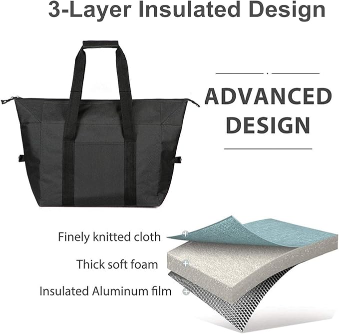 Insulated Shopping Cooler Bags with Zippered Top for Groceries, Reusable Thermal Foam Tote Bag for Travel, Picnic or Lunch Foods, Black